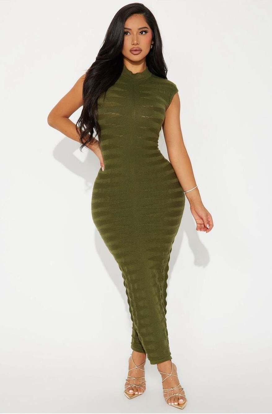 High Neck Sweater Maxi Dress Olive Green